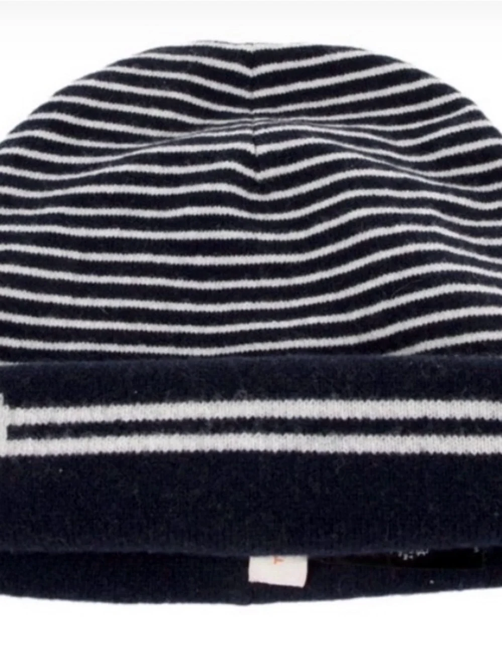 Tory Burch Navy and White Striped Logo Beanie